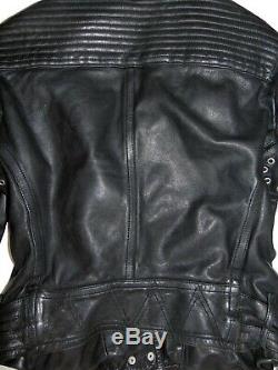 Burberry Prorsum Black Ribbed Leather Buckled Moto Biker Runway Jacket IT 46