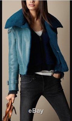 Burberry Shearling Teal Blue Oversize Collar Jacket Size XS $2495