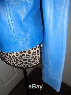 CELINE Vintage Blue Soft Lambskin Leather Lined Jacket Made In France Size 38