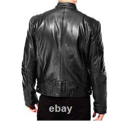 Cafe Racer Men's Motorcycle Leather Jacket Genuine Sheepskin Biker Black Jacket