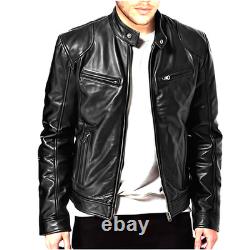 Cafe Racer Men's Motorcycle Leather Jacket Genuine Sheepskin Biker Black Jacket