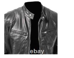 Cafe Racer Men's Motorcycle Leather Jacket Genuine Sheepskin Biker Black Jacket