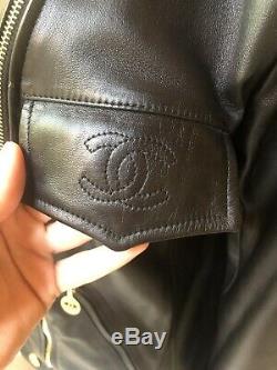 Chanel CC Black Moto Motorcycle Jacket Lambskin Leather Size 50 L