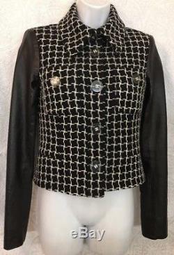 Chanel Jacket Black And White Tweed With Black Leather Sleeves Size 36