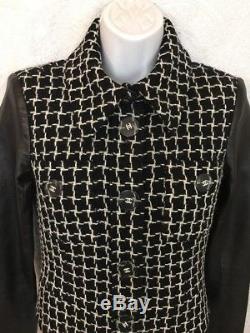 Chanel Jacket Black And White Tweed With Black Leather Sleeves Size 36