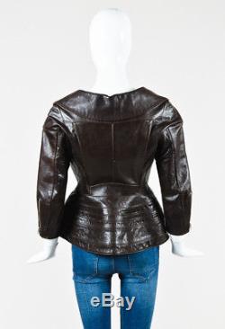 Comme des Garcons Brown Leather Portrait Collar Cinched Waist Moto Jacket