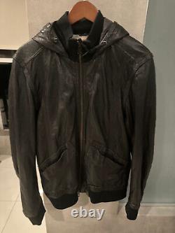 Converse John Varvatos Mens Large Solid Black Leather Full Zip LS Jacket w Hood