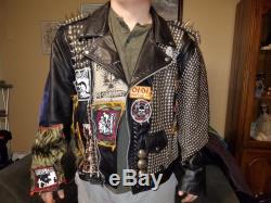 Crust punk black leather jacket studs spikes patches size 52