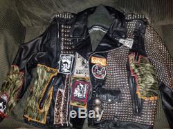 Crust punk black leather jacket studs spikes patches size 52