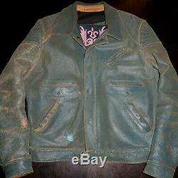 DRIES VAN NOTEN DVN Blue/Green Distressed Leather Motorcycle Jacket RaRe! Sz L