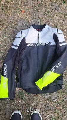 Dainese Motorcycle Jacket Perforated Leather w Liner Black White Neon Armored S