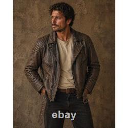 Diamond Leather Distressed Brown Biker Motorcycle Padded Belted Jacket Sz XL