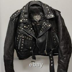 Diamond Real Leather Vintage 80s Studded Jacket Zip Up Semi Cropped Belt Small
