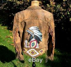 Double D Ranch Ranchwear Brown Distressed Leather Chieftan Beaded Jacket EUC XL