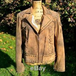 Double D Ranch Ranchwear Brown Distressed Leather Chieftan Beaded Jacket EUC XL