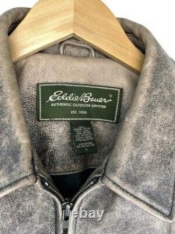 Eddie Bauer Vintage Mens Large Brown Distressed Leather Jacket Lined Heavy