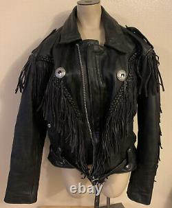 First Genuine Leather Black Leather Fringe Motorcycle Jacket Size S/m
