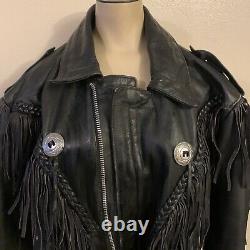 First Genuine Leather Black Leather Fringe Motorcycle Jacket Size S/m