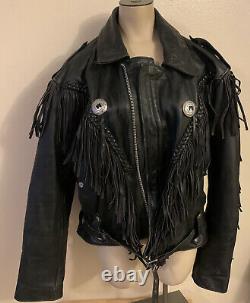 First Genuine Leather Black Leather Fringe Motorcycle Jacket Size S/m