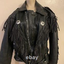 First Genuine Leather Black Leather Fringe Motorcycle Jacket Size S/m