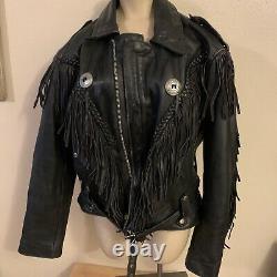 First Genuine Leather Black Leather Fringe Motorcycle Jacket Size S/m