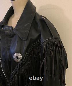 First Genuine Leather Black Leather Fringe Motorcycle Jacket Size S/m