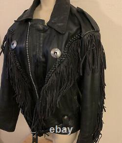First Genuine Leather Black Leather Fringe Motorcycle Jacket Size S/m