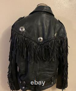 First Genuine Leather Black Leather Fringe Motorcycle Jacket Size S/m