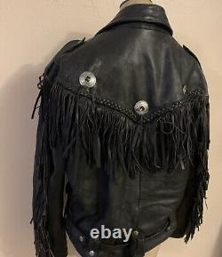 First Genuine Leather Black Leather Fringe Motorcycle Jacket Size S/m