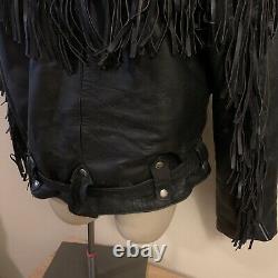 First Genuine Leather Black Leather Fringe Motorcycle Jacket Size S/m