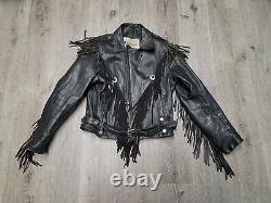 GENUINE BLACK LEATHER MOTORCYCLE JACKET with Fringe & Metal Mens Size 42 Vintage