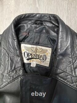 GENUINE BLACK LEATHER MOTORCYCLE JACKET with Fringe & Metal Mens Size 42 Vintage