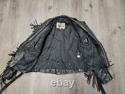 GENUINE BLACK LEATHER MOTORCYCLE JACKET with Fringe & Metal Mens Size 42 Vintage