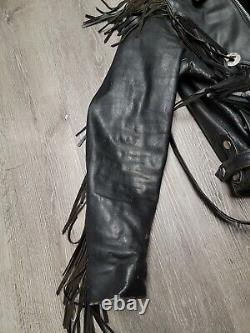 GENUINE BLACK LEATHER MOTORCYCLE JACKET with Fringe & Metal Mens Size 42 Vintage