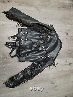 GENUINE BLACK LEATHER MOTORCYCLE JACKET with Fringe & Metal Mens Size 42 Vintage