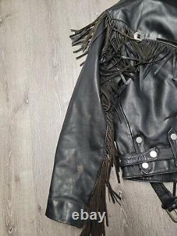 GENUINE BLACK LEATHER MOTORCYCLE JACKET with Fringe & Metal Mens Size 42 Vintage