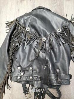 GENUINE BLACK LEATHER MOTORCYCLE JACKET with Fringe & Metal Mens Size 42 Vintage