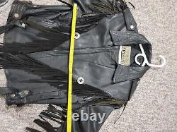 GENUINE BLACK LEATHER MOTORCYCLE JACKET with Fringe & Metal Mens Size 42 Vintage