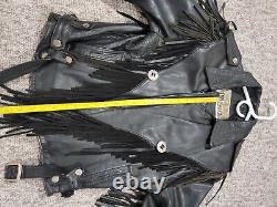 GENUINE BLACK LEATHER MOTORCYCLE JACKET with Fringe & Metal Mens Size 42 Vintage