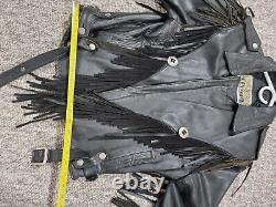 GENUINE BLACK LEATHER MOTORCYCLE JACKET with Fringe & Metal Mens Size 42 Vintage