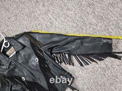 GENUINE BLACK LEATHER MOTORCYCLE JACKET with Fringe & Metal Mens Size 42 Vintage