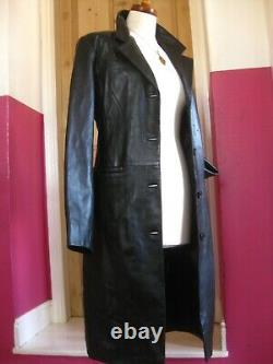 GOTH black real leather JACKET BLAZER TRENCH COAT UK 14 12 long line soft sharp