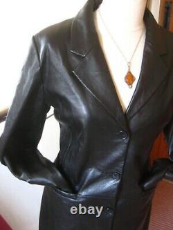 GOTH black real leather JACKET BLAZER TRENCH COAT UK 14 12 long line soft sharp