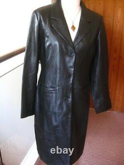 GOTH black real leather JACKET BLAZER TRENCH COAT UK 14 12 long line soft sharp