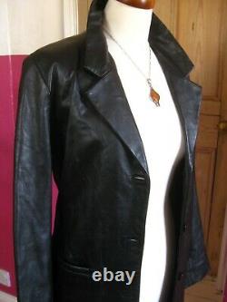 GOTH black real leather JACKET BLAZER TRENCH COAT UK 14 12 long line soft sharp