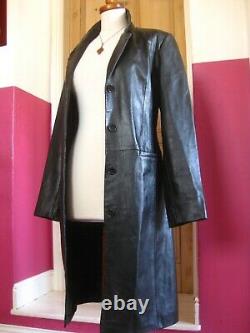 GOTH black real leather JACKET BLAZER TRENCH COAT UK 14 12 long line soft sharp