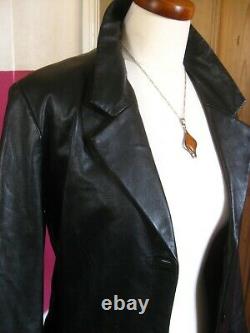 GOTH black real leather JACKET BLAZER TRENCH COAT UK 14 12 long line soft sharp