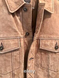 Genuine Suede Leather Trucker Jacket Men's Beige Cognac Size Large