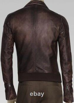 Gucci Signature Gg Monogram 100% Authentic Leather Moto Biker Jacket Brown Sz 56