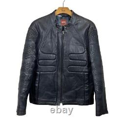HUGO BOSS Patterned Leather Jacket Racing Style Black Full Zip Size Large